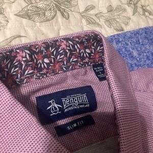 Original Penguin Slim Fit Pink Button-Down Shirt with Floral Collar Trim
